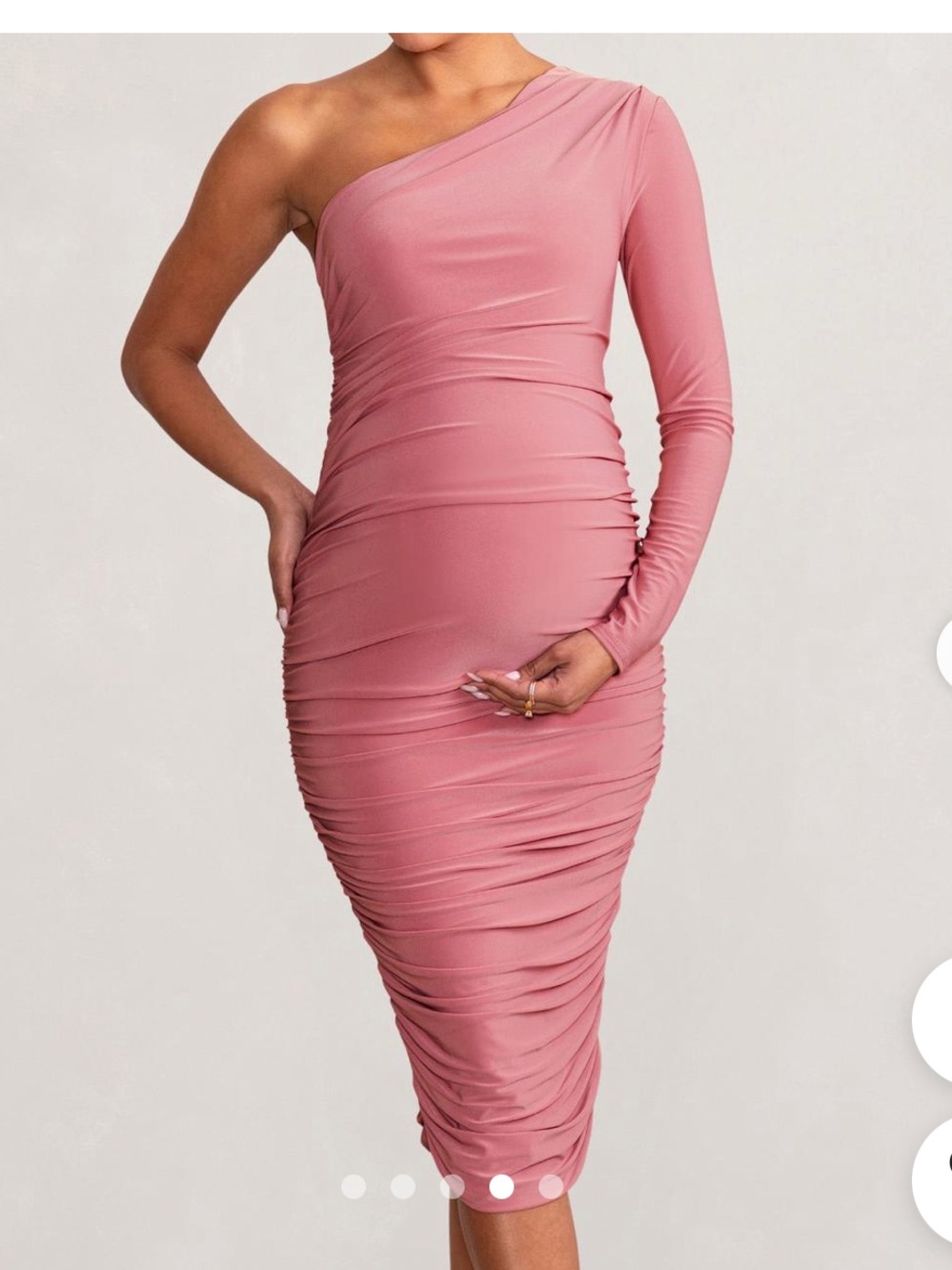 Club L London Maternity “Betsy” One-Shoulder Pink Ruched Midi Dress -